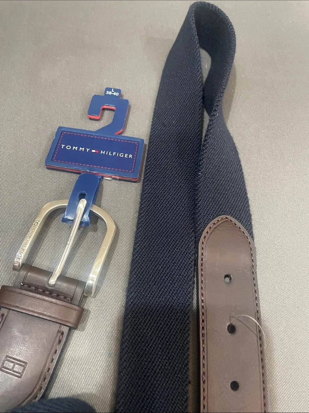 Tommy Hilfiger Navy Webbing Belt with Brown Leather Trim